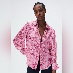 Zara Satin Pink Watercolor Button Up Blouse/Shirt Size M